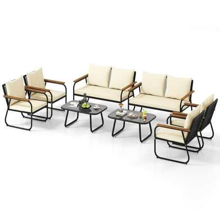 Gymax Set Of 8 Patio Furniture Set w/Tempered Glass Coffee Table PE Wicker Rattan Chairs