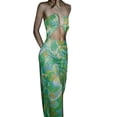 thumbnail image 1 of Franhais Women Long Dress, Lacing Halterneck Hollowed Backless Flower Print Summer Party Beach Slit Dress, 1 of 2