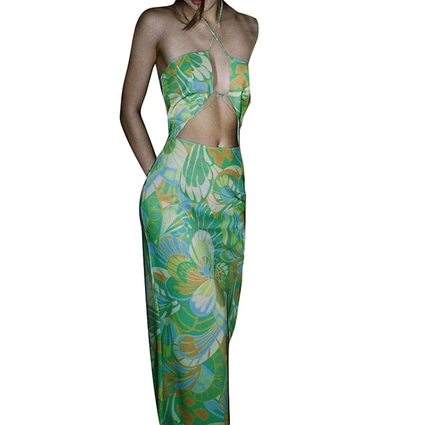 VISgogo Vestido largo para mujer, con cordones, cuello halter, ahuecado, sin espalda, con estampado de flores, fiesta de verano, vestido con abertura en la playa VISgogo moda