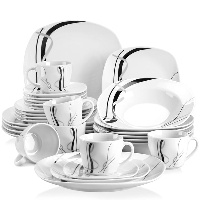 Veweet Series Fiona Juego De Vajilla De 30 Piezas Para 6 Platos Blancos, Juego De Vajilla De Porcelana Con Rayas Negras Y Grises, Incluye Platos De Postre, Platos Hondos, Platos Llanos, Tazas Y Platil