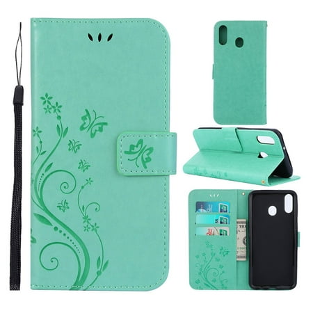 Samsung Galaxy M20 Wallet Case, Dteck Embossed Flower PU Leather Magnetic Flip Stand Case Cover [Built-in Card Slots][w/ Hand Strap] For Samsung Galaxy M20, Mint Green