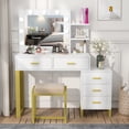 thumbnail image 5 of Makeup Vanity with Lights & Mirror, Large Vanity Desk Makeup Vanity Dressing Table with 9 LED Lights, 5 Drawers, Storage Shelves&Cushioned Stool for Bedroom by PAKASEPT, 5 of 10