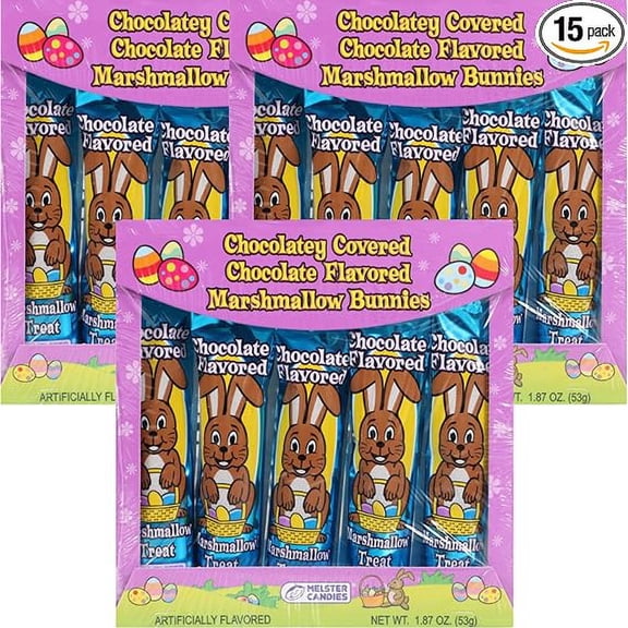 Candies Chocolatey Covered Chocolate Flavored Marshmallow Bunnies 15 Count Coffee Bulk Easter Holiday Favor Birthday Goody Fillers Stocking Stuffer Party Supply Box of 3