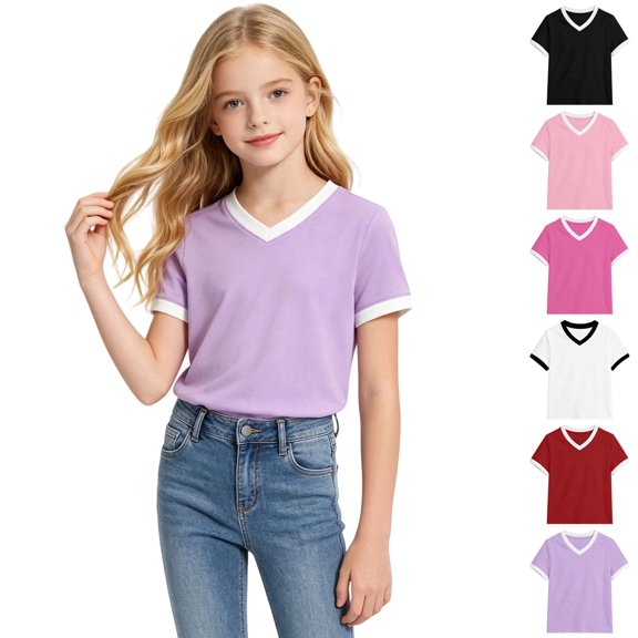 Bigetiay Girls Short Sleeve Crewneck Tee Casual Soft V Neck Basic Top for Everyday Play and School 13-14 Years