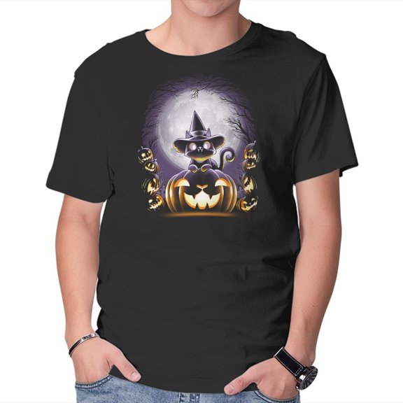TeeFury Men’s Graphic T-shirt Witch-Cat Night - Cat | Halloween | Black | Small