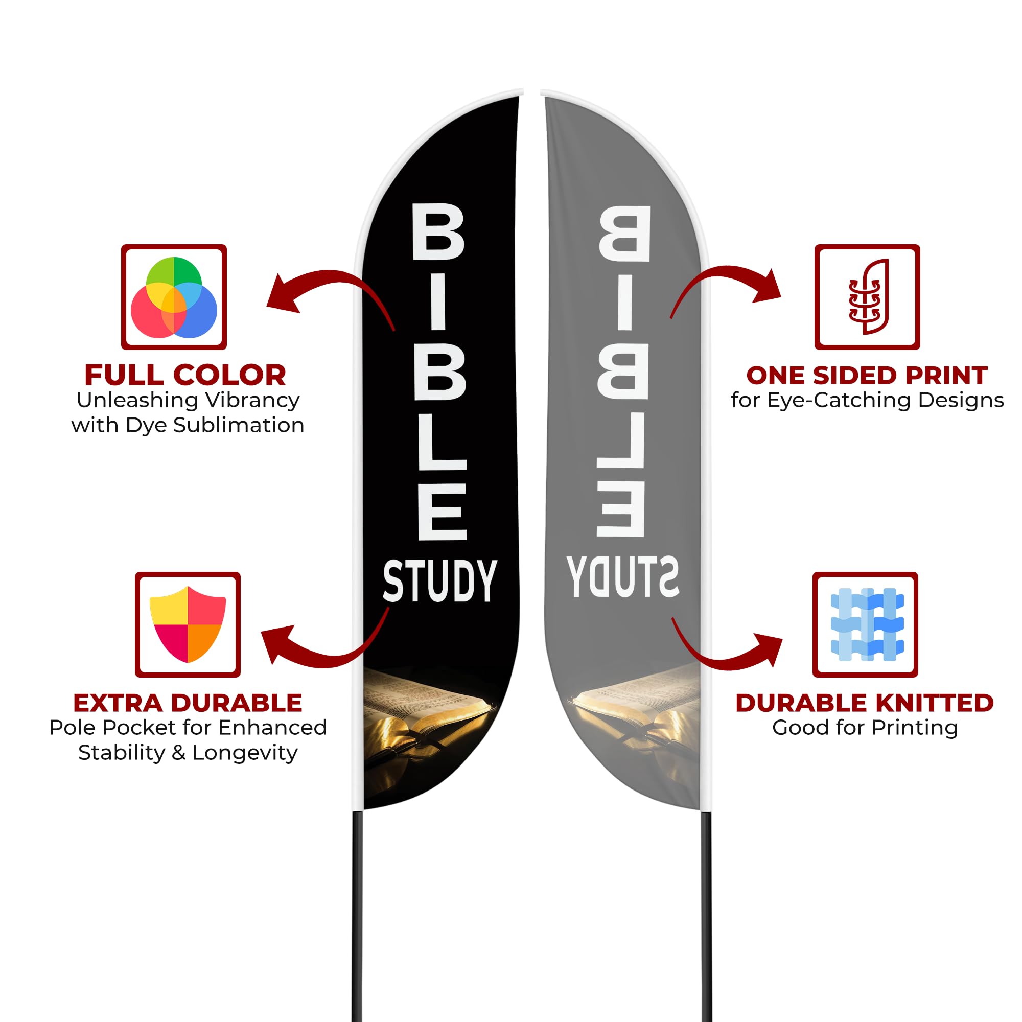 Bible Study Sign feather flag Pole kit for Outdoor by Mavis | 15 FEET Tall Polyester Banner Flag Pole Mount with Cover for Easy Hang | HD Print Swooper Flags to Promote Church Activity