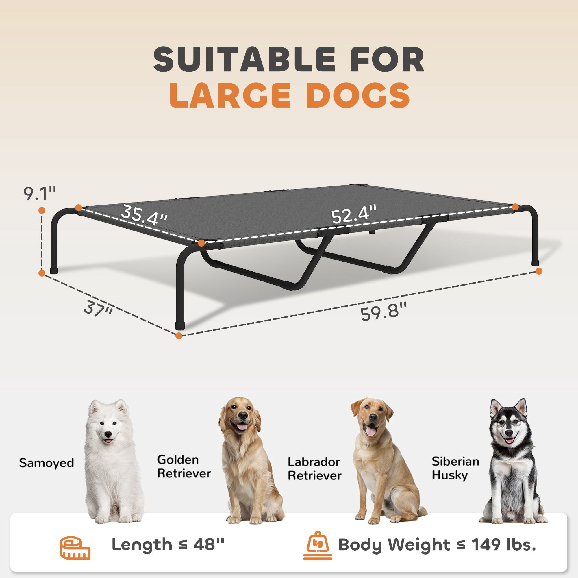 Elevated Dog Bed for Large Breeds 60" Raised Pet Cot with Breathable Teslin Mesh 149 LBS Capacity Indoor Outdoor Cooling Dog Bed Gray