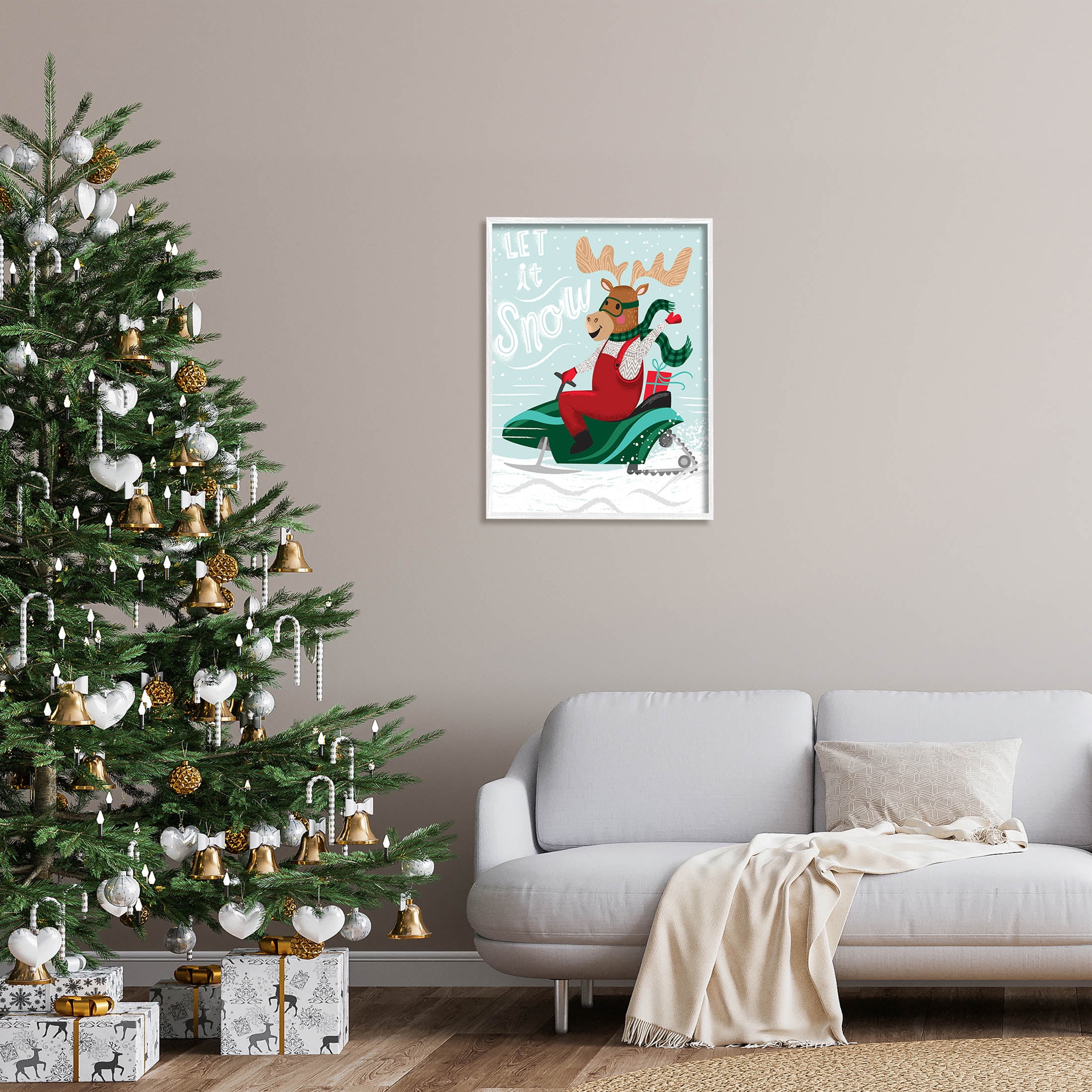 Let It Snow Moose Sleigh Holiday Graphic Art White Framed Art Print Wall Art