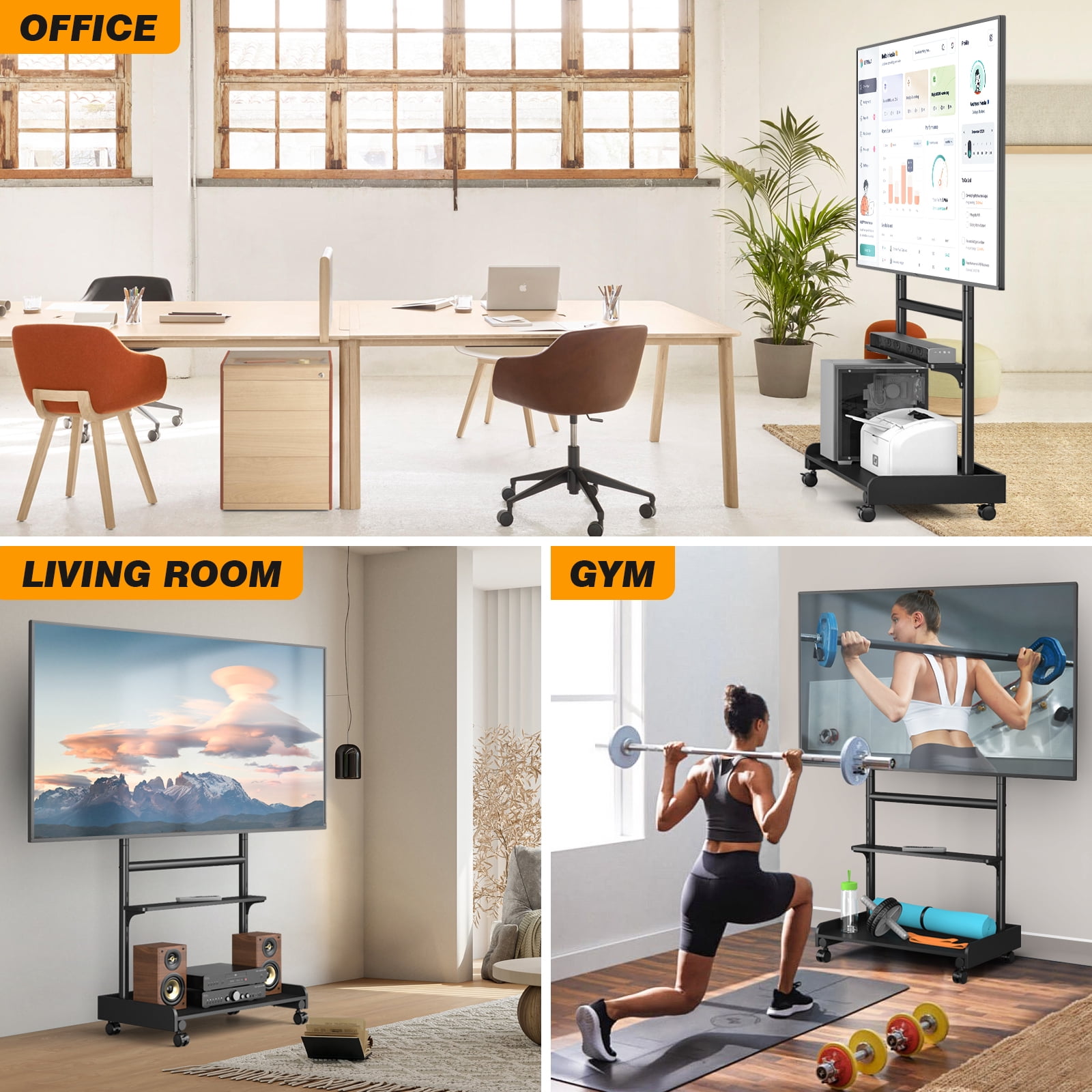RTVR Modern Rolling TV Stand for 40-86 inch TVs, with 4 Universal Silent 360° Caster Wheels & Storage Shelf, Black