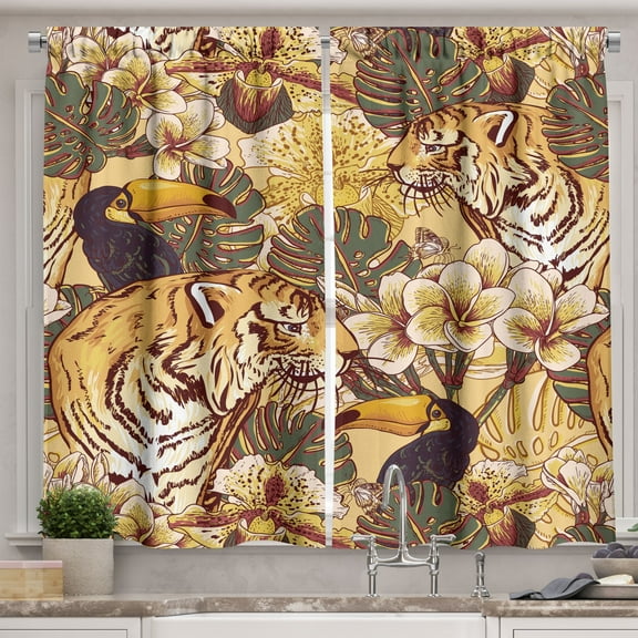 Ambesonne Tiger Kitchen Curtains, Tropical Bengal Toucan, 55"x39", Earth Yellow Dark Blue
