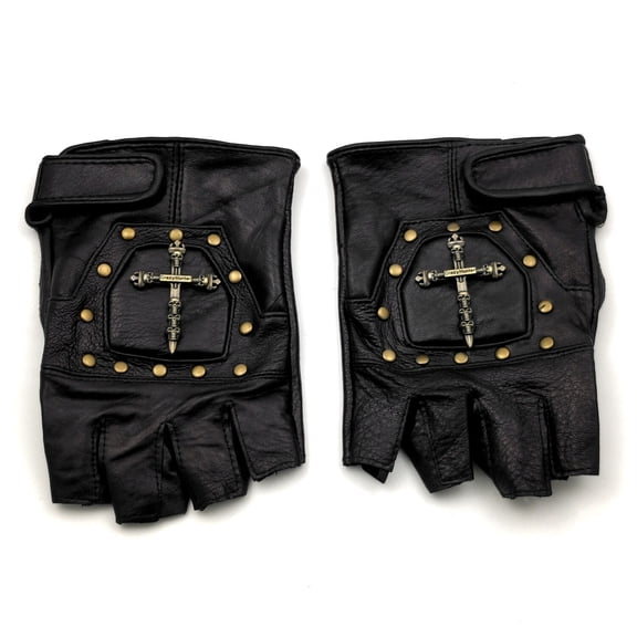 1 Pair Half Finger Real Leather Gloves Studded Men Punk Biker Motorcycle Gloves