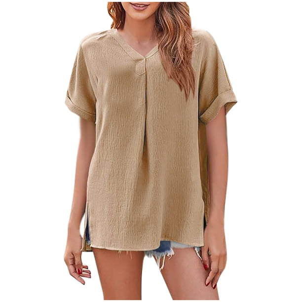 Tamaño Más Suelto Ajuste Camisetas para las Mujeres con Cuello en V de Manga Corta Suelta Camisa Superior, Poliéster