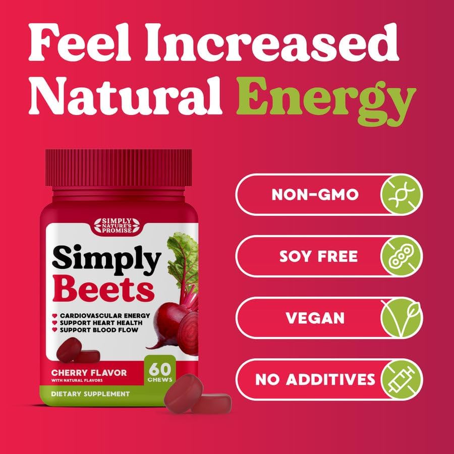 Simply Nature's Promise - Simply Beets Heart Gummies - Delicious Cherry Flavor - Non-GMO Beet Gummy Chews for Help with Daily Heart Health, Blood Pressure, and Circulation Support - 60 Gummies - image 3 of 4