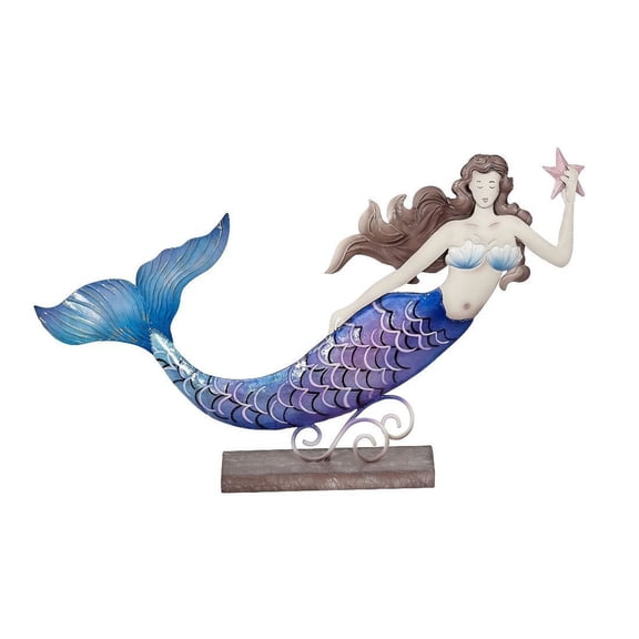 Metal & Capiz Shells Decor, Swimming Mermaid w/Starfish Purple on Stand 16x9", Nautical Capiz Art Decoration