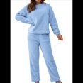 thumbnail image 2 of Pijama de 2 Piezas para Mujer, Conjunto de Ropa de Estar por Casa, Suéter de Punto, Cuello Redondo, Larga, Conjuntos Peludos Azul M, 2 of 8
