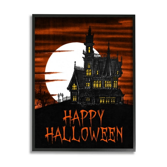 Stupell Industries Happy Halloween Haunted House Graphic Art Black Framed Art Print Wall Art, Design by The Saturday Evening Post