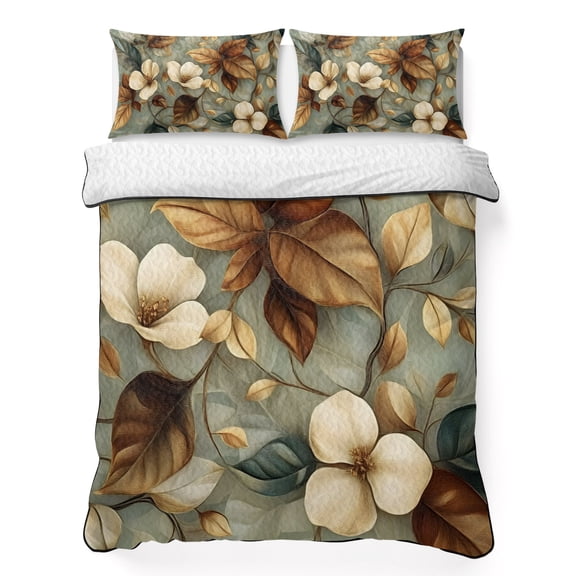 King Quilt Set 96''x106'', Boho Vintage Flower Lightweight Bedspread Coverlet Set with 2 Pillow Shams, Farmhouse Botanical Floral Leaf Breathable All Season Quilt Bedding for Bedroom/Guest Room