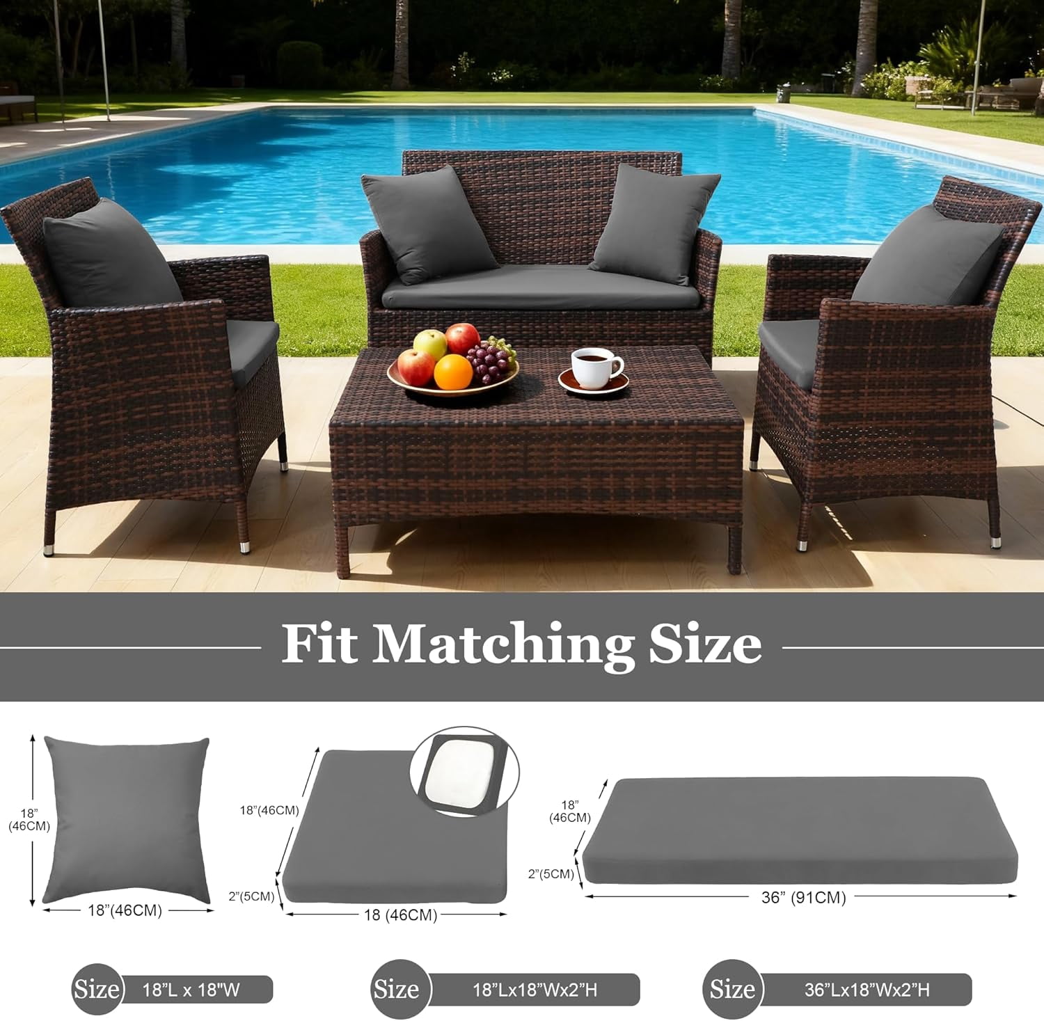 Waterproof 3-Piece Patio Sofa Cushion Cover Set - Replacement Covers for Outdoor Wicker Furniture, Bench & Seat Cushions with 4pcs Throw Pillow Cover