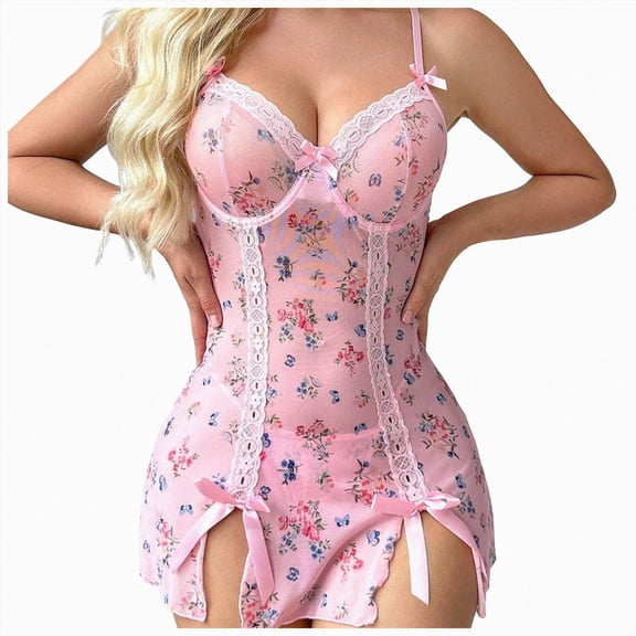 HCNTES Women's Lingerie Nightwear Spaghetti Strap Nightgown Babydoll Chemise Floral Lace Edge Sleepwear (Pink,L)