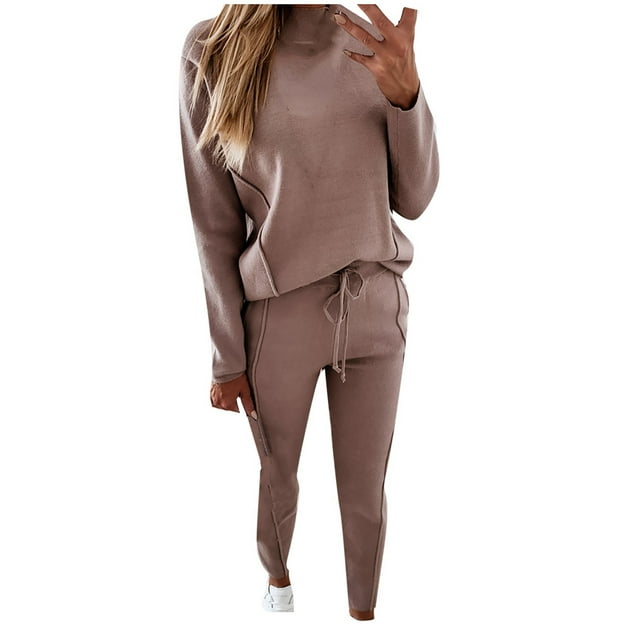 IROINNID Survêtement pour Femmes Ensemble 2 Pcs Chandail Réduit Col Montant Manches Longues Pantalon à Poches Tenue de Jogging Décontractée,Pink