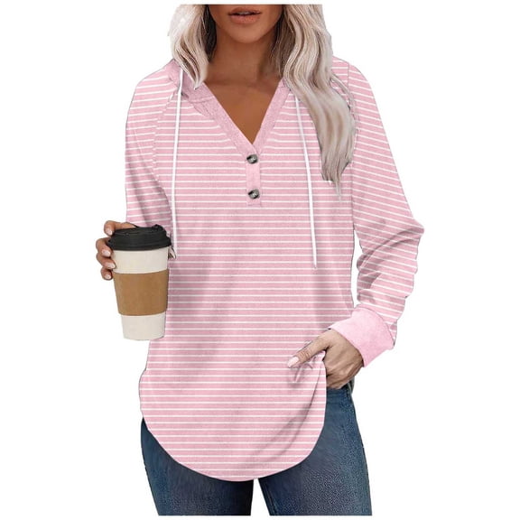 Maean Women Striped Hoodies Shirts Lightweight Baggy Drawstring Pullover V Neck Buttons Sweatshirt