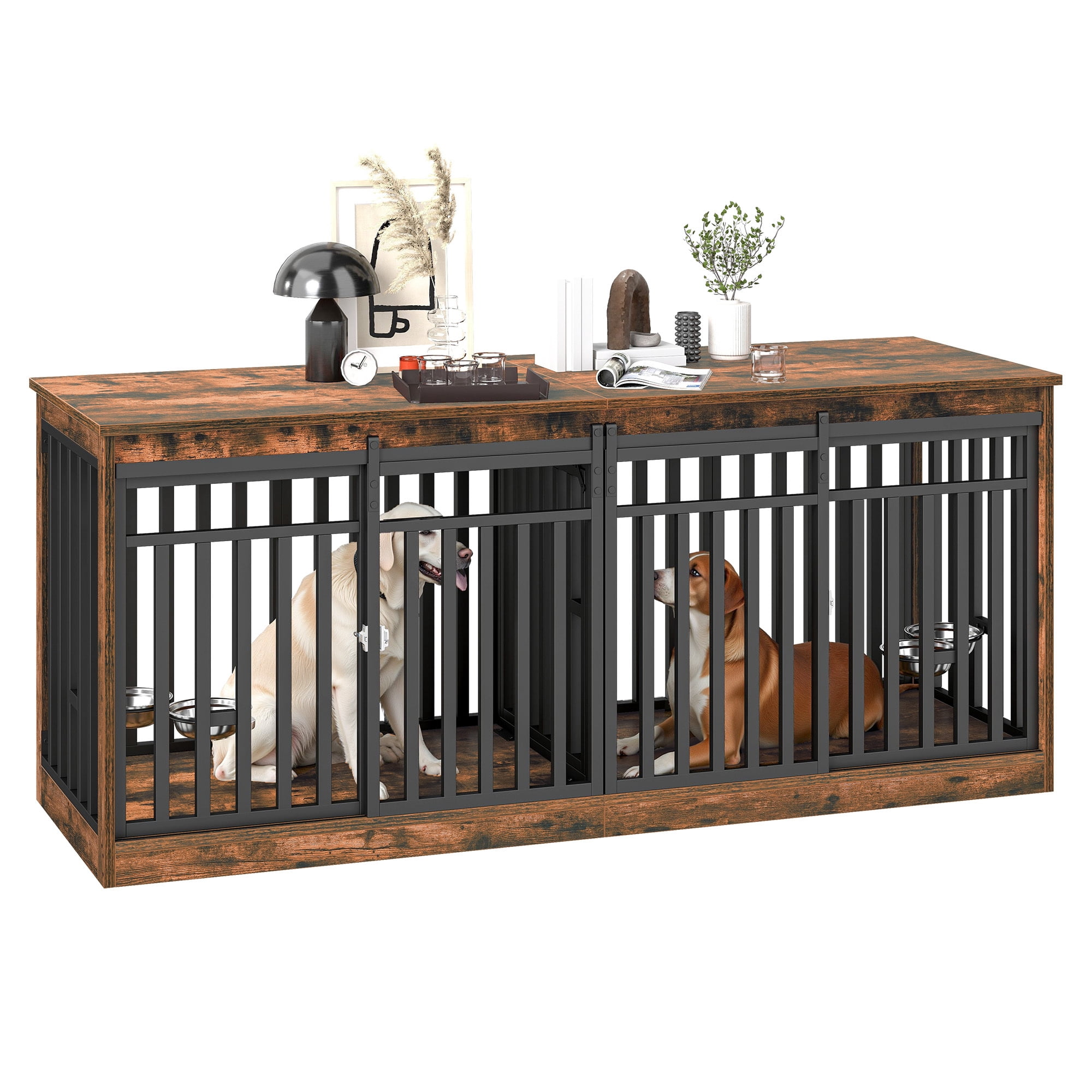 Uforic 71" Double Dog Crate Furniture, Heavy Duty Wood Dual Kennel TV Stand with Sliding Doors & Dog Bowls (Rustic Brown)