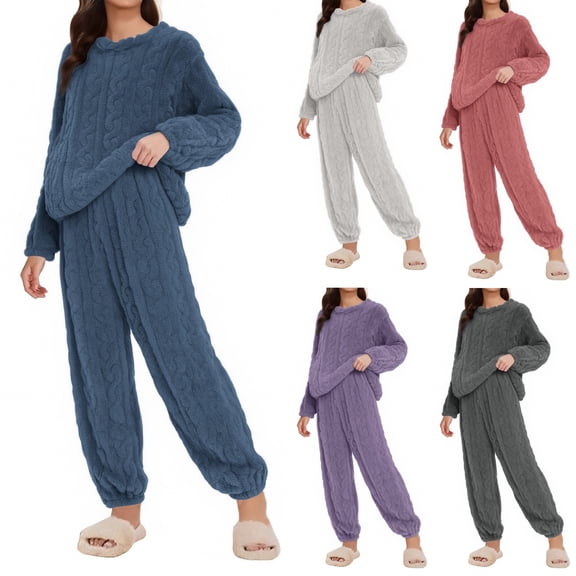 ManxiVoo Women's Pajama Sets Fleece Pullover Top and Pants Lounge Wear Warm Soft Sleepwear for Cozy Home Nights
