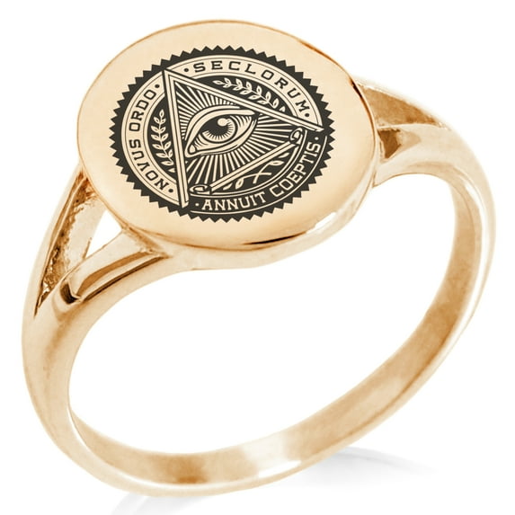 Stainless Steel All Seeing Eye Novus Ordo Seclorum Minimalist Oval Top Polished Statement Signet Ring