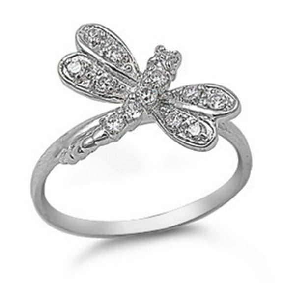 White Cubic Zirconia Dragonfly Animal Wing Ring .925 Sterling Silver Band Jewelry Female Male Size 5