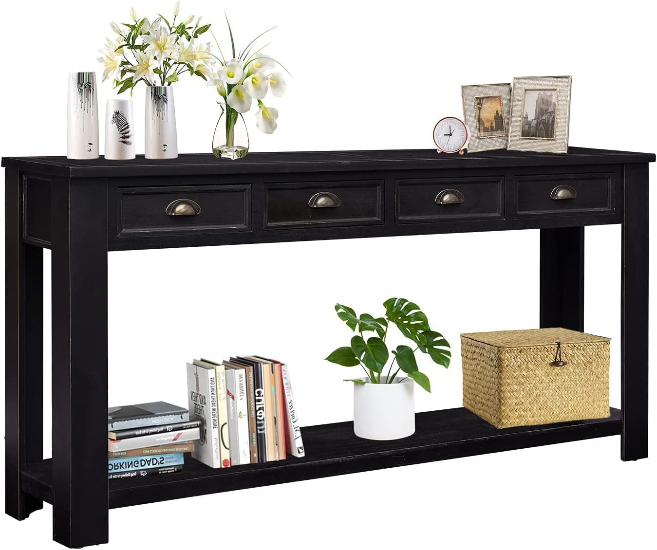 Kinbor 60” Long Console Table, Entryway Table with 4 Drawers & Storage Shelf, Black