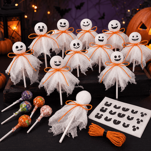 24 Pack Ghost Lollipop Wrappers, White Gauze Candy Covers with Orange Ties for DIY Halloween Treats, Trick or Treat Party Favors and Classroom Crafts