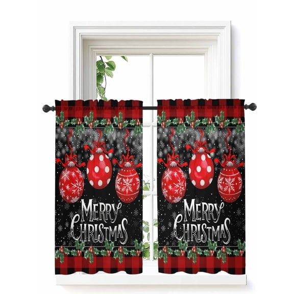 Red Christmas Balls Tier Curtains 45 Inch Length,Sheer Curtains for Bedroom Living Room Window Winter Snowflakes Xmax Berry Plaid Voile Drapes Kitchen Curtains Small Half Window 27.5"x45" 2 Panels