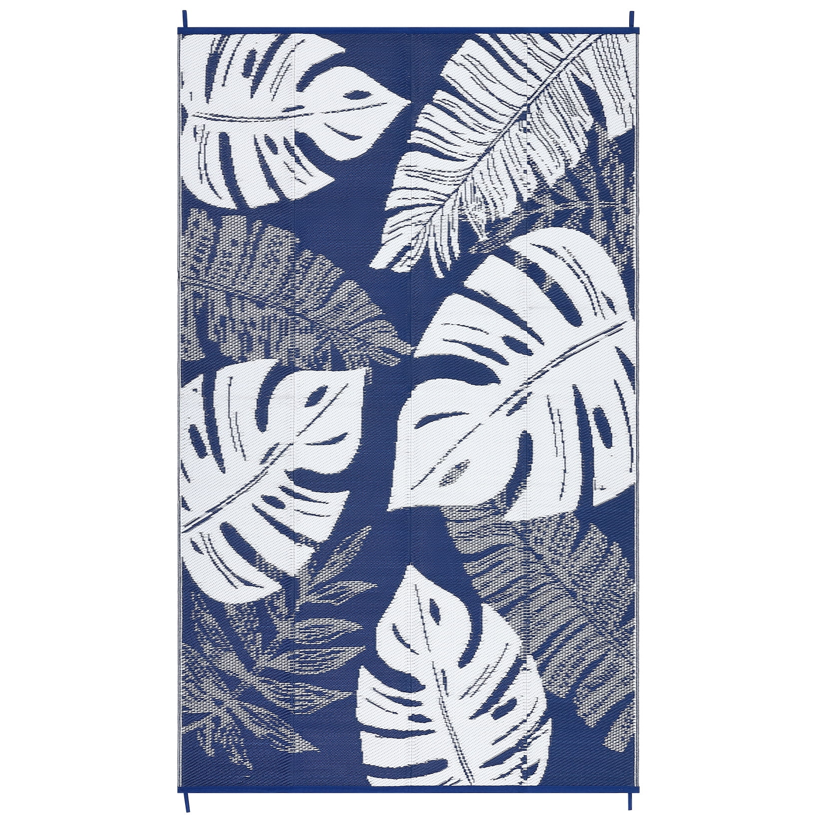 GlowSol 10'x14' Outdoor Rug Plastic Straw Weatherproof Reversible Rug Modern Leaves Patio Camping Rugs for Deck Porch Picnic Balcony, Dark Blue White