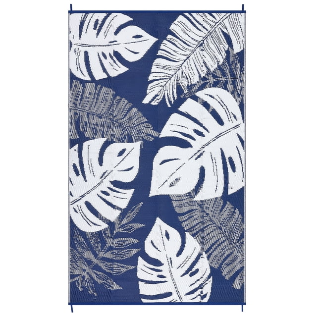 Tapis d'Extérieur Réversible Imperméable – Tapis Moderne en Paille Plastique à Motif de Feuilles Exotiques pour Patio, Balcon, Terrasse, VR, Camping, Résistant aux UV, Léger, Pliable, 8x10 Pi – Bleu Marine/blanc, É.-U.