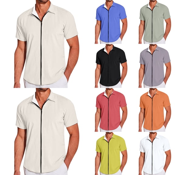 LIIPEE Men Shirts Casual Solid Color Short Sleeve Lapel Zipper Summer Beach Shirt Male Lightweight Texture Fashion Tops Comfortable Breathable Soft Daily Shirts,Beige,XXL
