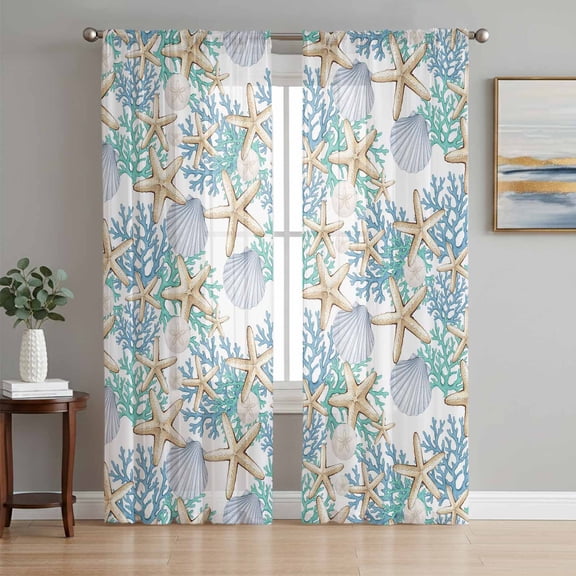 Teal Blue Coastal Sheer Curtains 96 Inch Length 2 Panels Set, Summer Ocean Starfish Corals Shells Voile Window Treatment Semi Sheer Long Curtains Drapes for Bedroom/Living Room/Kitchen 52"x96"x2