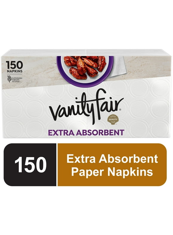 Vanity Fair Extra Absorbent Disposable Paper Napkins, White, 150 Count