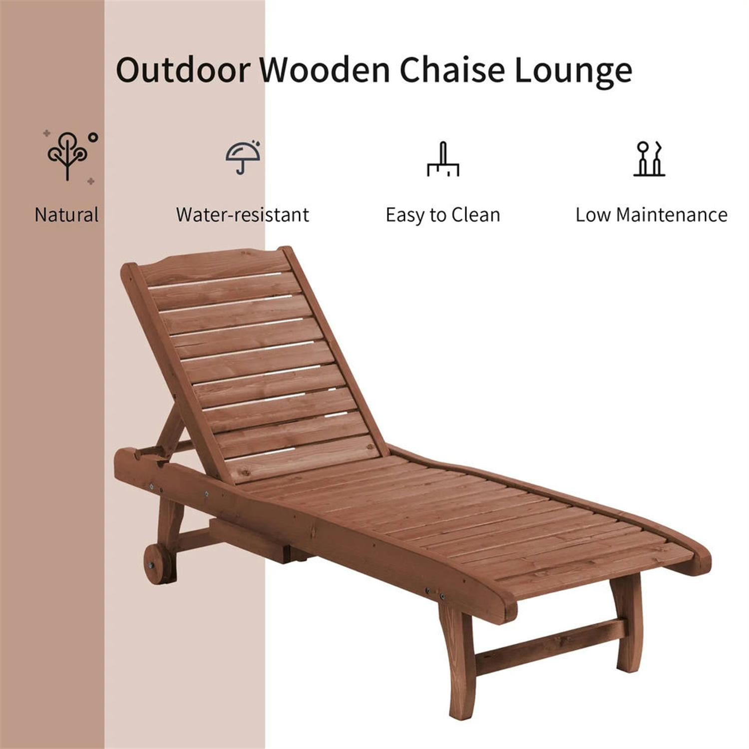 Demi Bonn Outdoor Wooden Chaise Lounge with 3-Position Backrest, Integrated Table & Casters for Beach Poolside Sunbather, Brown