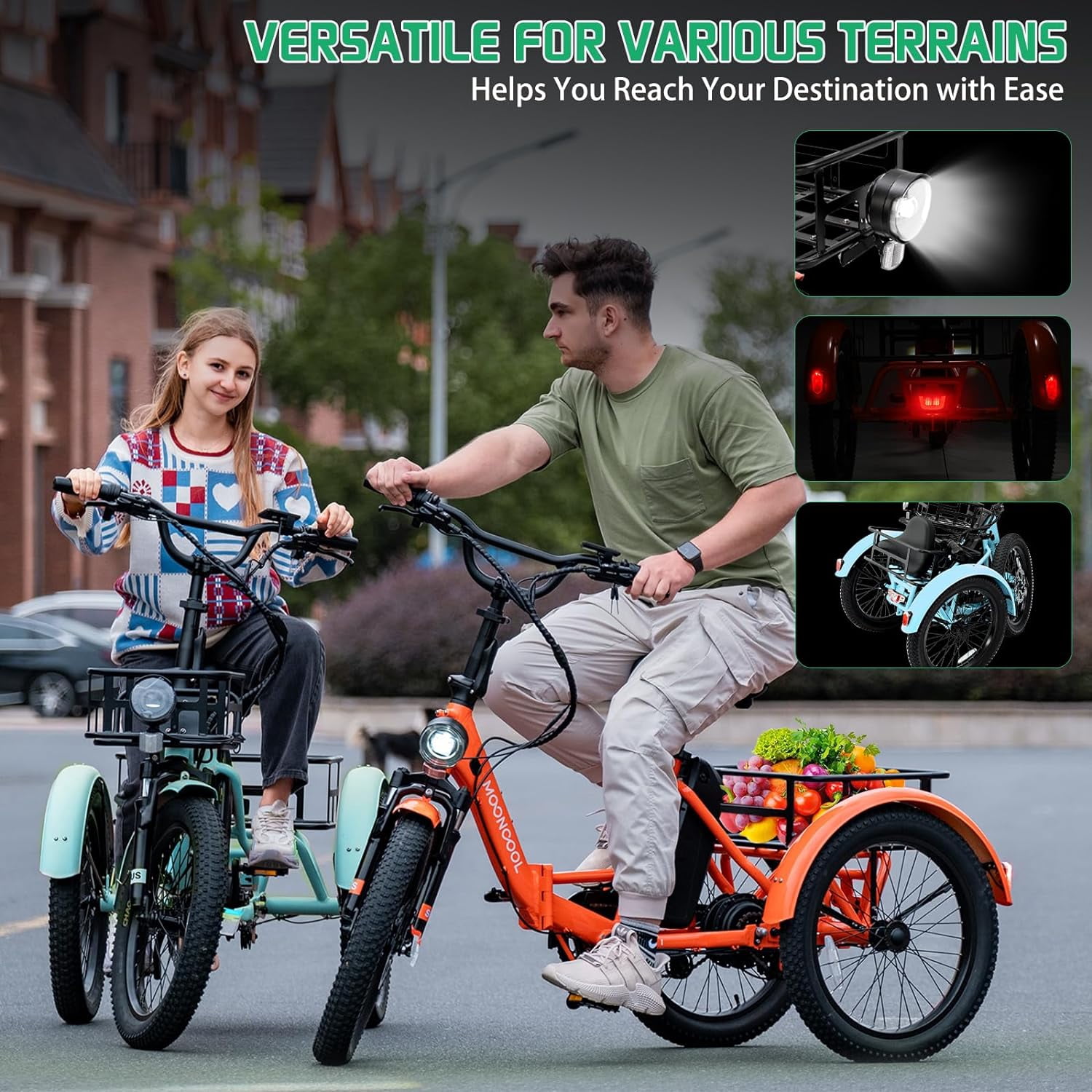 Mooncool 20" x 4" Fat Tire Electric Tricycle for Adults, Electric Trike with Front & Rear Basket, Peak 1100w Motor 48V Removable Battery, 3 Wheel Electric Bicycle for Men Women Senior