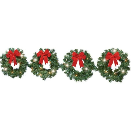 - Lighted Christmas Evergreen Wreath Set of 4 with Red Bows, 60