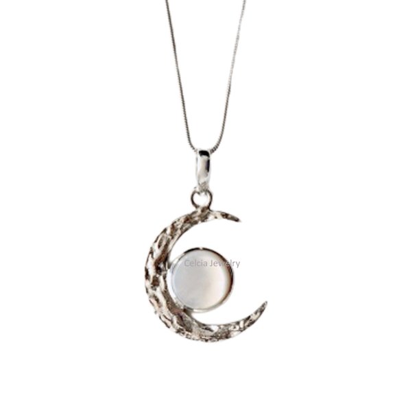 Pure 925 Sterling Silver Necklace For Women, Genuine Mother Of Pearl Round Gemstone Unique Hammered Moon Handcrafted Necklace For Her