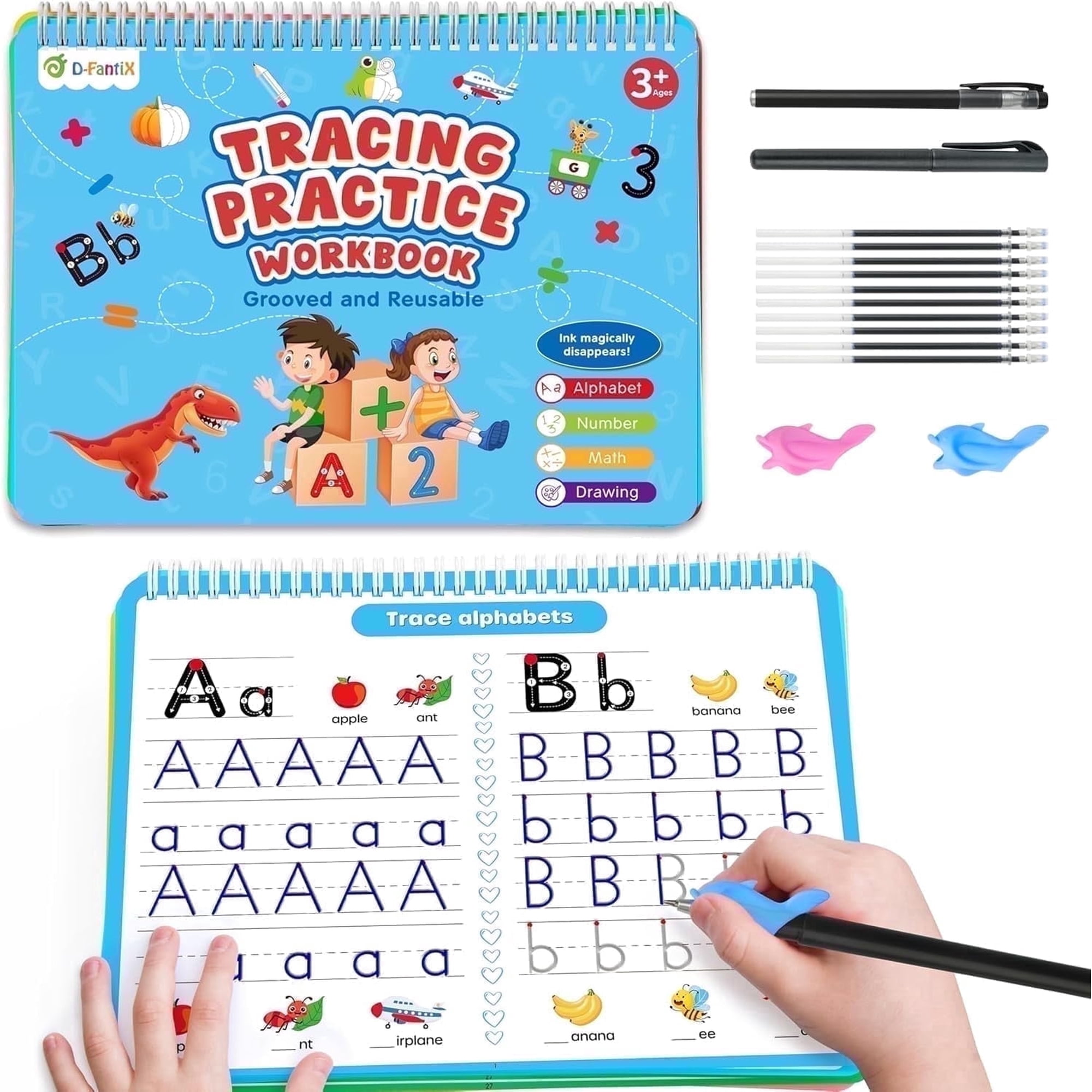 D-FantiX 4-in-1 Large Magic Grooved Writing Practice for Kids Ages 3-8, Reusable Grooved Handwriting Practice, Learning Alphabet Toys and Tracing Books for Preschool Kids