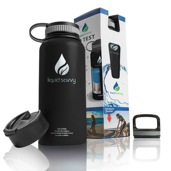 32 oz Insulated Water Bottle with 3 lids - Stainless Steel, Wide Mouth Double Walled Vacuum Bottle for Hot and Cold Beverages by Liquid Savvy.