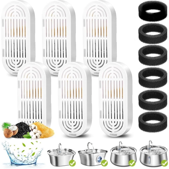 Cat Water Fountain Filters, 6 Pack Replacement Filters & Replacement Pre-Filter Sponges for Stainless Steel Pet Fountain with Water Level Window, Fountain Carbon Filters for Dog Water Dispenser Bowl