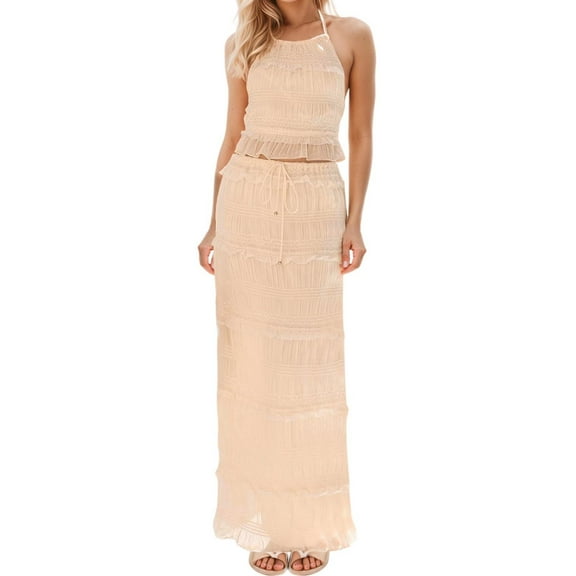 MDUKONU Womens Skirt Suit Short Skirt Set with Backless Lace Crop Top and Long Skirt for Beach Club Dress Beige M