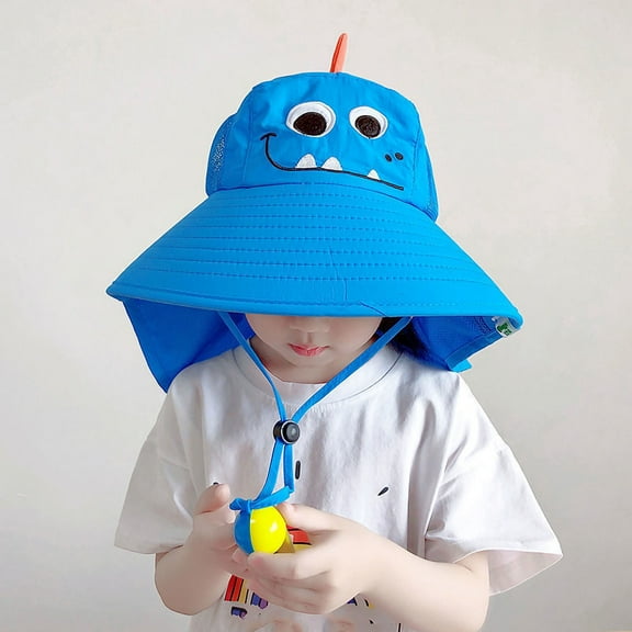 SGFCWSX Boys Sun Hat Wide Brim UV Protection Neck Flap Chin Strap Breathable Summer Outdoor Beach Bucket Hats for Kids Blue Free Size