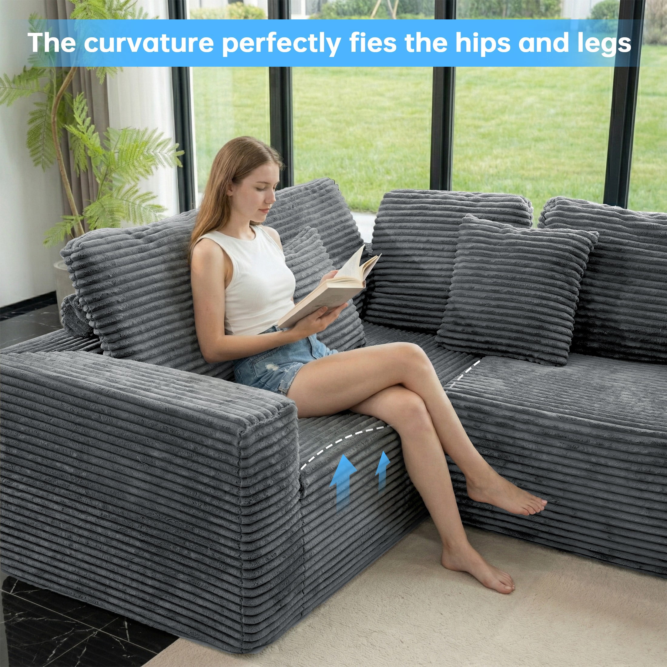 SEENYOO 135.5" Cloud Couch,Boneless Sectional Sofa for Living Room,Gray U Shaped Couch with Chaise,6-Seater,Corduroy Fabric,Freely Configurable Layout
