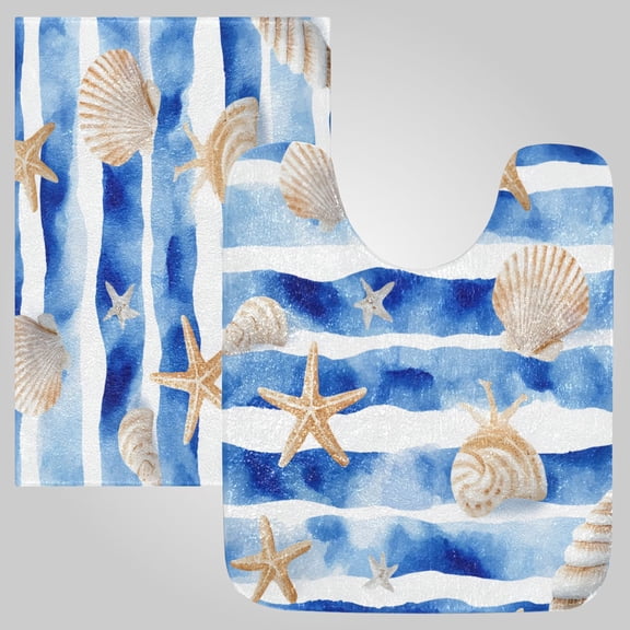RMDQTR 2PCs Bathroom Rugs Set Plush Toilet Base Mat 16" × 24" Bath Mat and 20" × 24" U Shape Soft Rugs Non Slip Absorbent Blue Nautical Stripes Pattern