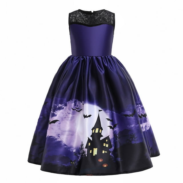 HAWEE Robe de Costume d'Halloween pour Filles, Déguisement Fantôme Citrouille Imprimée, Déguisement de Fête Cosplay