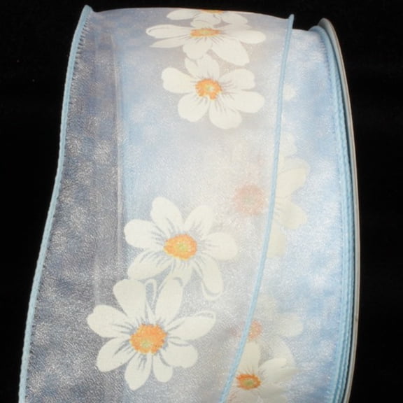 The Ribbon People White and Blue Checkered Flowers Wired Craft Ribbon 2.5" x 20 Yards